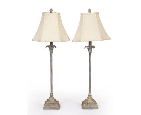 A PAIR OF CONTEMPORARY PAINTED CAST MENTAL TABLE LAMPS with narrow reeded stems and square section bases  75cm high overall 