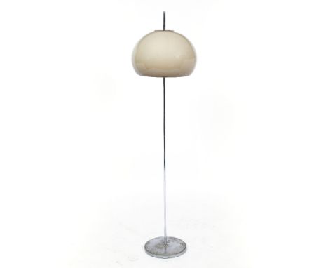A 1970'S RETRO FLOOR STANDING LAMP with graduated globular brown shade on a chrome stand and base, the shade approximately 36