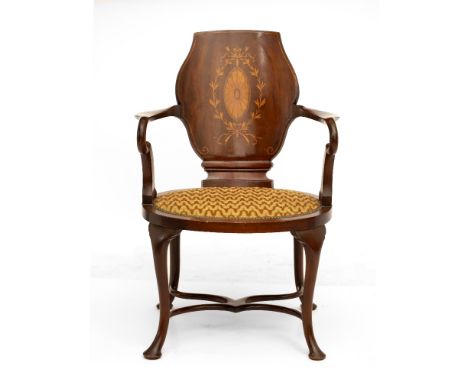 AN EDWARDIAN MAHOGANY OPEN ARMCHAIR the back panel with satinwood inlay, turned legs united by a stretcher, makers mark CV, 6