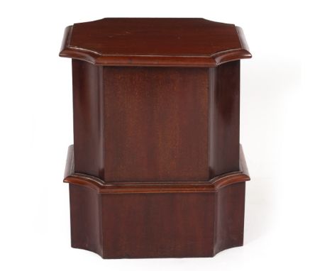 A 19TH CENTURY MAHOGANY PLINTH OR COMMODE STOOL the square section top with inverted corners and hinged lid, 40cm wide x 45cm