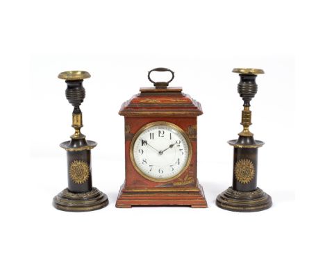 A GEORGIAN STYLE RED LACQUERED MANTLE TIMEPIECE  with chinoiserie decoration, the painted dial with arabic numerals, the move