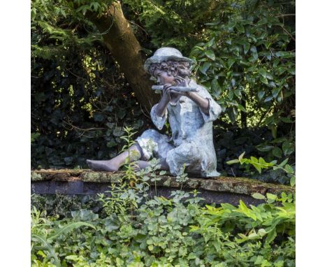 A CONTEMPORARY BRONZE SCULPTURAL FOUNTAIN in the form of a boy playing a flute, indistinctly signed, approximately 62cm wide 