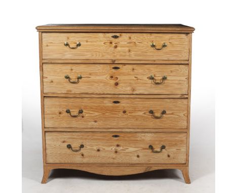 AN EARLY 19TH CENTURY PINE CHEST OF FOUR LONG DRAWERS  with brass swan neck handles, hardwood moulded edges to the top and st