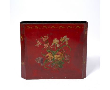 A RED LACQUERED TOLEWARE FLOWER PAINTED STICK STAND with canted corners measuring 58cm  x 17cm  x 55.5cm 