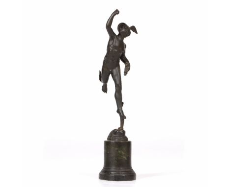 A SMALL ANTIQUE BRONZE SCULPTURE OF MERCURY flying with winged helmet and shoes, mounted on a circular plinth base, the base 