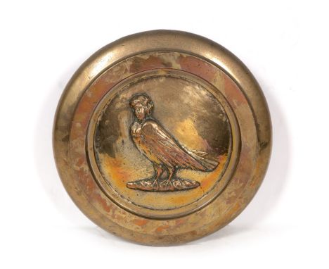 A HEAVY CAST BRONZE ROUNDEL depicting a crest of a lady's head on a birds body, 43cm diameter x 4.5cm deep
