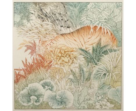 ANNA PUGH (1938-) 'Bright Tiger', 1982 hand coloured etching, signed and numbered 80/200, 35cm x 35cm, framed and glazed