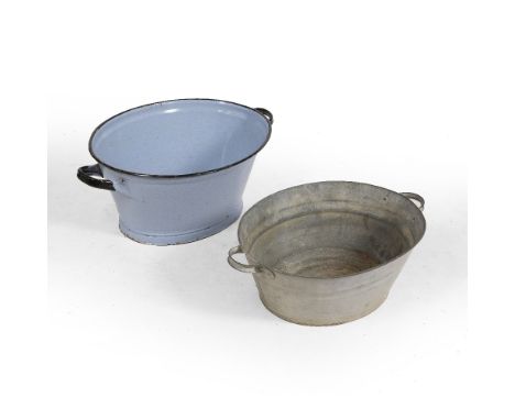 A ZINC WASH TUB 66cm wide x 42.5cm deep x 25cm high together with a larger enamel wash tub