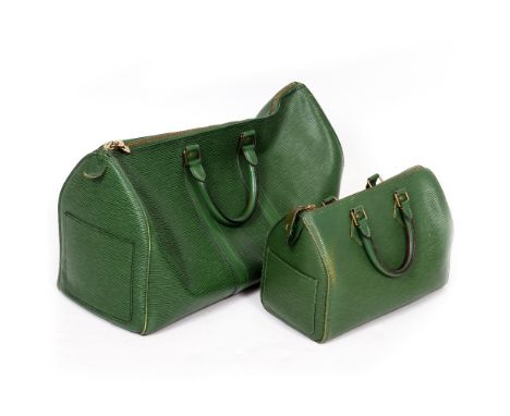 A VINTAGE LOUIS VUITTON GREEN EPI LEATHER HOLDALL with label holder and a similar Louis Vuitton handbag (2)