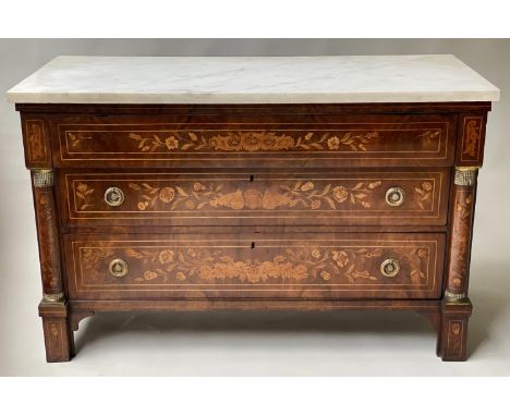 DUTCH COMMODE, 129cm x 60cm D x 84cm H, 19th century mahogany and satinwood, foliate marquetry with veined white marble top a