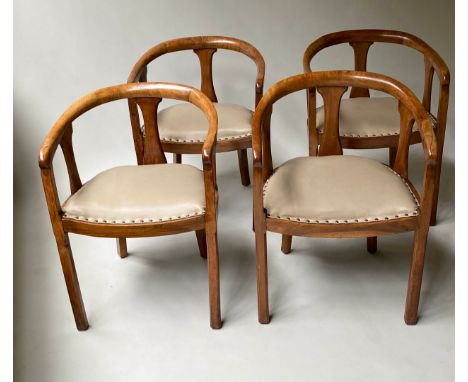ART DECO ARMCHAIRS, a set of four, solid walnut framed with horse hair upholstery and studded light brown leather seats. 74.5