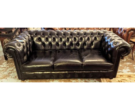CHESTERFIELD SOFA, 90cm x 78cm H x 195cm, black leather. 