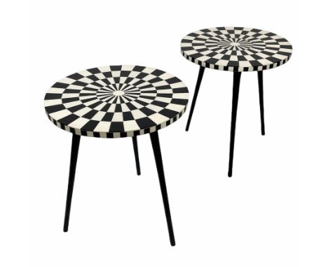 SIDE TABLES, a pair, 1970's Italian design, circular inlaid tops on tripod metal legs, 46cm H x 41cm x 41cm. (2) 