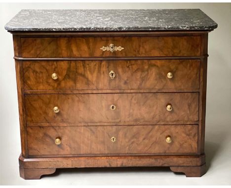 COMMODE, 19th century French Louis Philippe figured walnut with marble top above four long drawers, 118cm x 54cm x 90cm H. 