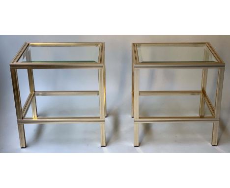 LAMP TABLES BY PIERRE VANDEL, a pair, gilt and chrome finish with glass top and undertier, 40cm x 50cm x 52cm H. (2) 