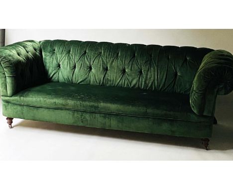 CHESTERFIELD SOFA, Victorian style Royal green velvet with rounded back and arms, 224cm W. 