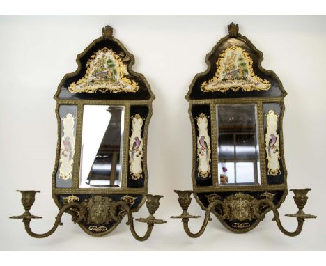 WALL SCONCES, a pair, 18th century Chinese export style, with ceramic inset famille noire panels, depicting parrots with twin