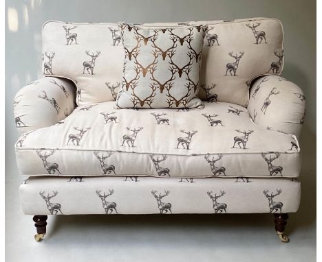 SOFA, George Smith style with seat and back cushions in reindeer print cotton and front castor supports, 130cm. 