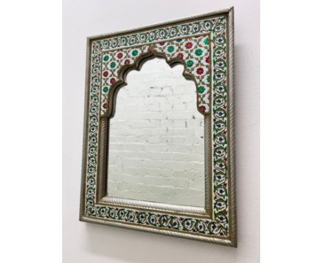 WALL MIRROR, Indian enamel and metal framed, 45cm x 35cm, together with a Damascus brass inlaid wall mirror, 37cm x 31cm. (2)
