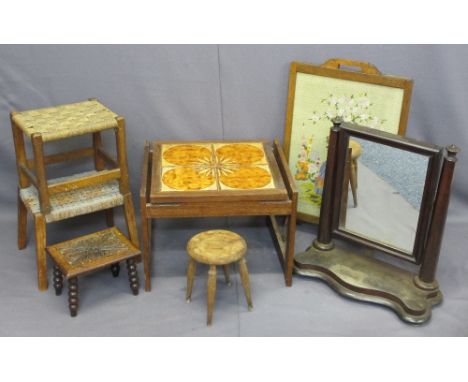 VINTAGE FURNITURE PARCEL to include firescreen with tapestry front, toilet mirror, tiled top table, string topped stools ETC