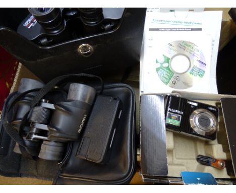BINOCULARS &amp; CAMERAS, a mixed quantity including a Tasco 10 x 50 Lightweight, a Bushnell 10 x 42, a Fujifilm digital came