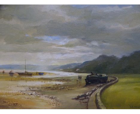 DAVID WESTON oil on board - peaceful seascape, Red Wharf Bay with boats and figures, signed, 24 x 34cms