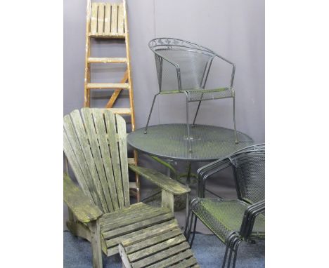 GARDEN FURNITURE ENSEMBLE and a set of vintage wooden step ladders, the garden items to include a fan back teak armchair with