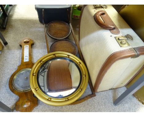 REGENCY STYLE BOBBLE CONVEX MIRROR, oak cake stand, vintage suitcase and a banjo wall barometer