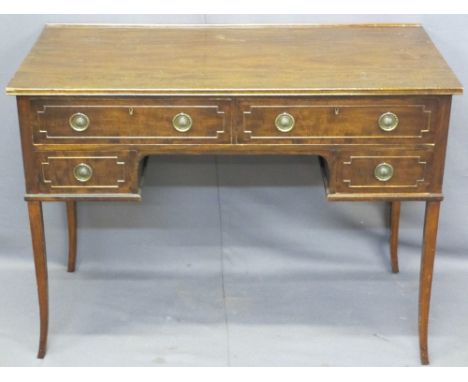 REPRODUCTION MAHOGANY DESK, rectangular top over two long drawers and two smaller with brass ring pull handles, on splayed fe