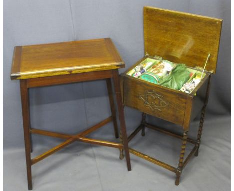 EDWARDIAN MAHOGANY FOLD OVER CARD TABLE and a vintage oak sewing box and contents on barley twist supports, 73.5cms H, 52.5cm