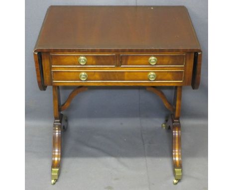 QUALITY REPRODUCTION MAHOGANY SOFA TABLE twin-flap with ebony stringing over two short and one long drawers with ring pull ha