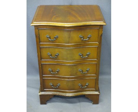 REPRODUCTION MAHOGANY SERPENTINE FRONT CHEST of four drawers on corner bracket feet, 72cms H, 49.5cms W, 40cms D