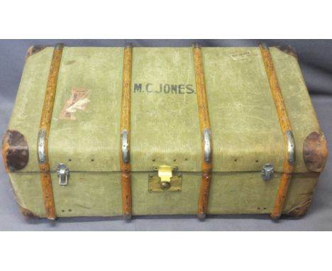 VINTAGE WOODEN BANDED TRAVEL TRUNK with brass lock and clasp, named to the top 'M C Jones', 33cms H, 91.5cms W, 51.5cms D