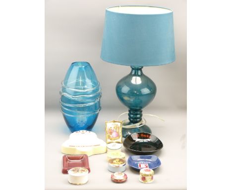 ART FORM BLUE GLASS VASE and a stylish glass table lamp, selection of Limoges and other pill boxes and four brewery advertisi