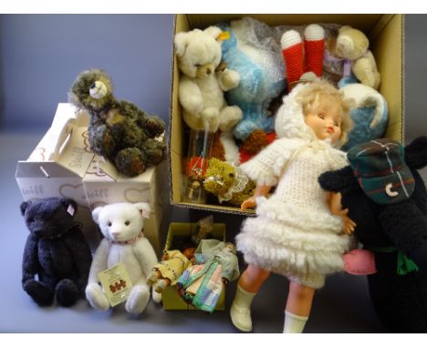 THREE STEIFF COLLECTOR'S BEARS, Hoggie Doo Doo bear with a quantity of other stuffed toys and small collectable dolls