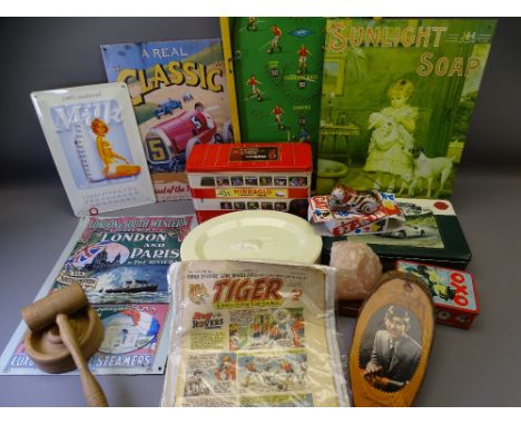 MIXED COLLECTABLES, a quantity including vintage reproduction advertising signs, pin football bagatelle, auctioneer's gavel, 