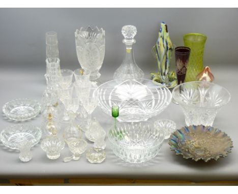 CARNIVAL, RUBY &amp; OTHER COLOURFUL GLASSWARE with a quantity of vintage and later bowls, vases and drinking glassware