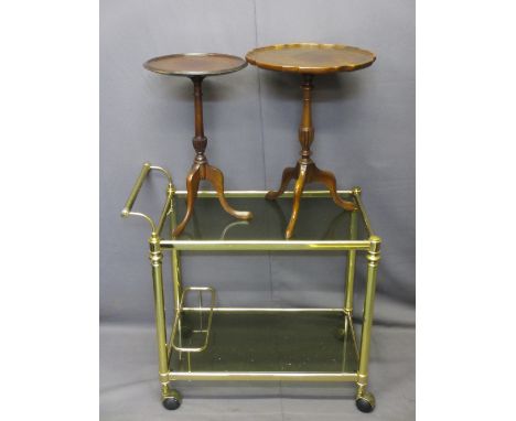 BRASS EFFECT WITH SMOKEY GLASS SHELF TWO-TIER TROLLEY and two vintage style mahogany wine tables, various measurements