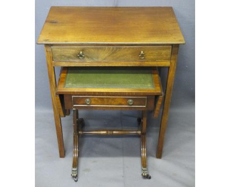 ANTIQUE MAHOGANY SINGLE DRAWER SIDE TABLE and a reproduction mahogany sofa table with gilt tooled green leather inserts and s