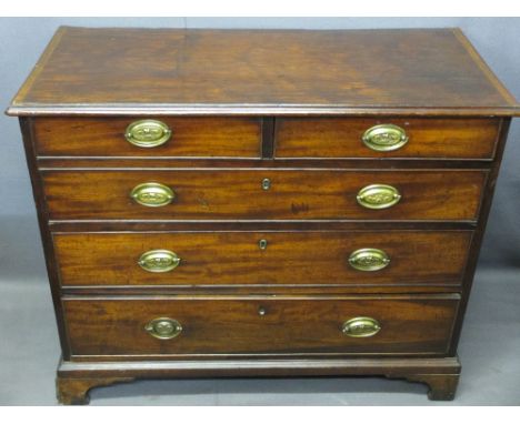 NEAT ANTIQUE MAHOGANY CHEST of two short over three long drawers, pine lined with cock beaded edgings and replacement Prince 