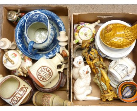 POOLE POTTERY, STAFFORDSHIRE SPANIELS, modern Blue &amp; White wash bowl and jug, kitchen stoneware ETC (within 2 boxes)