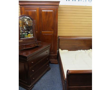 REPRODUCTION MAHOGANY FOUR PIECE BEDROOM SUITE to include a scroll ended double bed frame, 98cms H, 225cms L overall, 154cms 