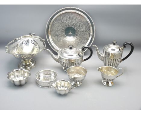 FOUR PIECE EPNS TEA SERVICE, non-associated circular tray, bread basket and other plated ware