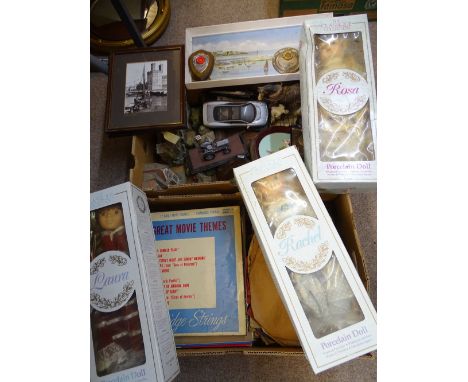 BOXED PORCELAIN HEAD DOLLS, gramophone and vintage LP records, display model vehicles and cottages, hallmarked silver Army Ca