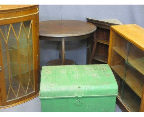 FURNITURE ASSORTMENT - glass door mid-century bookcase, metal trunk, display cabinets (2) and an occasional table