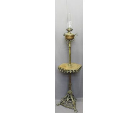 VICTORIAN GOTHIC STYLE RISE &amp; FALL OIL LAMP TABLE having a copper font with Hinks No 2 duplex wick turner, adjustable bra