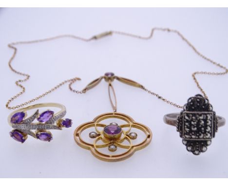 9CT GOLD &amp; SILVER JEWELLERY, three items to include a 9ct stamped vintage quatrefoil pendant necklace set with Amethyst a