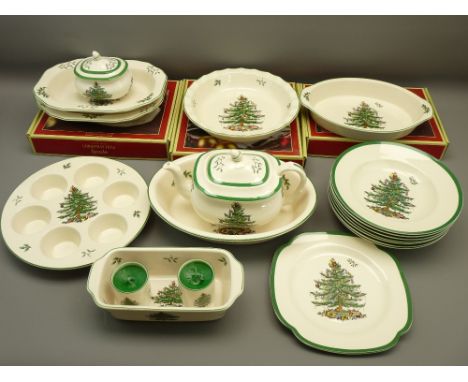 SPODE CHRISTMAS TREE TABLEWARE, 18 pieces including boxed pie dishes, teapot and cover ETC (within 2 boxes)