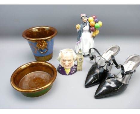 ROYAL DOULTON FIGURINE, CHARACTER JUG, copper lustre planter ETC titled 'Biddy Penny Farthing' HN1843, the character jug is J