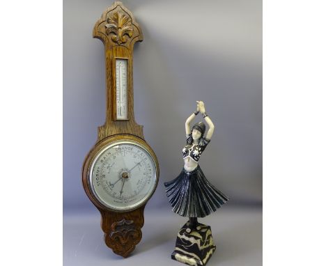 VINTAGE OAK BAROMETER and a reproduction Art Deco lady figurine, 81cms L the barometer